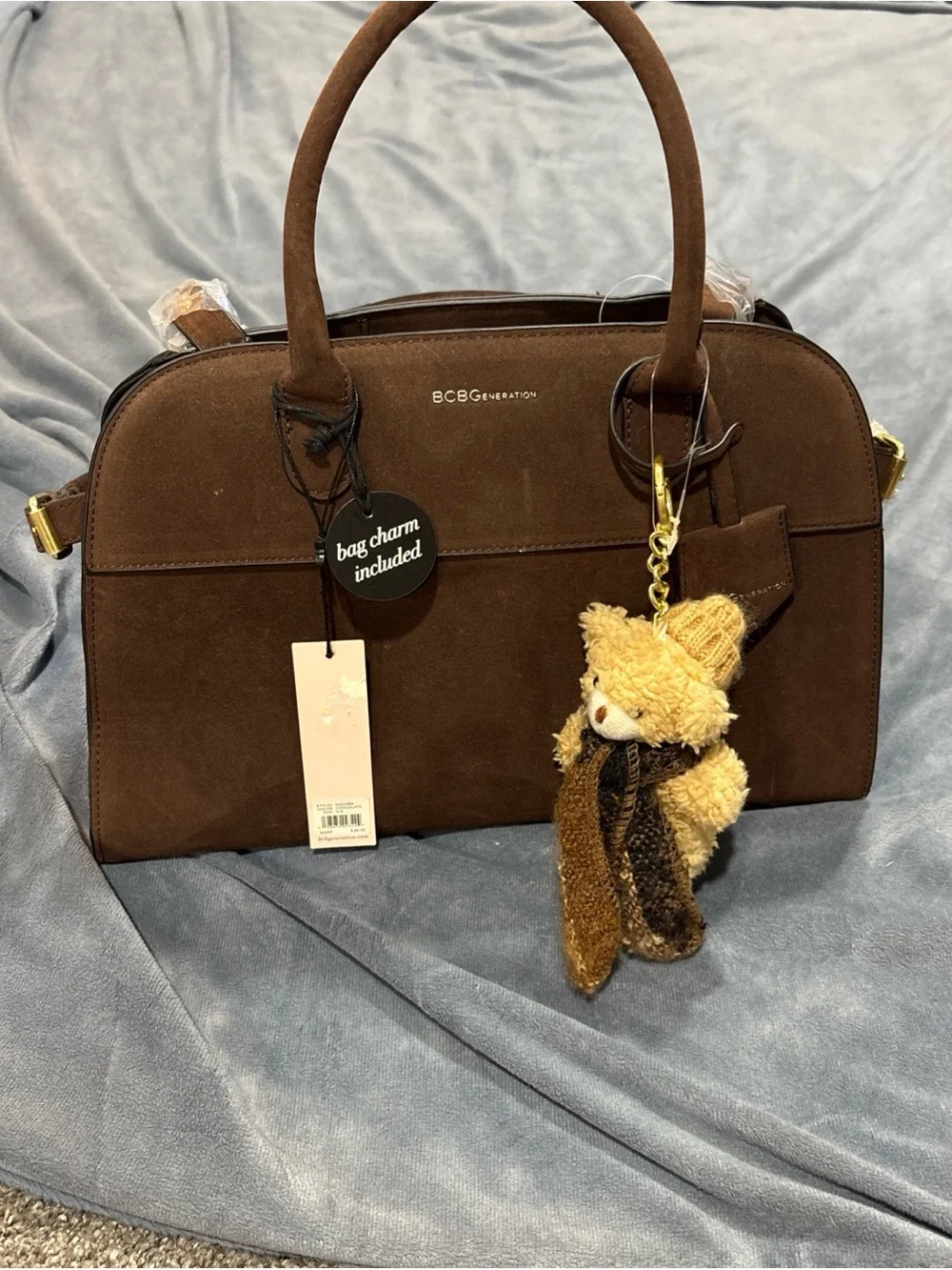 BCBGeneration Brown Suede Dome Satchel with Teddy Charm